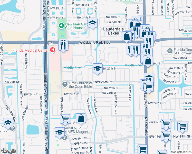 map of restaurants, bars, coffee shops, grocery stores, and more near 2640 Northwest 46th Avenue in Lauderhill