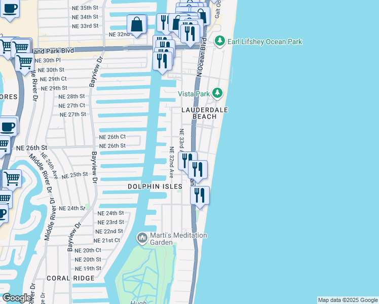 map of restaurants, bars, coffee shops, grocery stores, and more near 2509 Florida A1A in Fort Lauderdale
