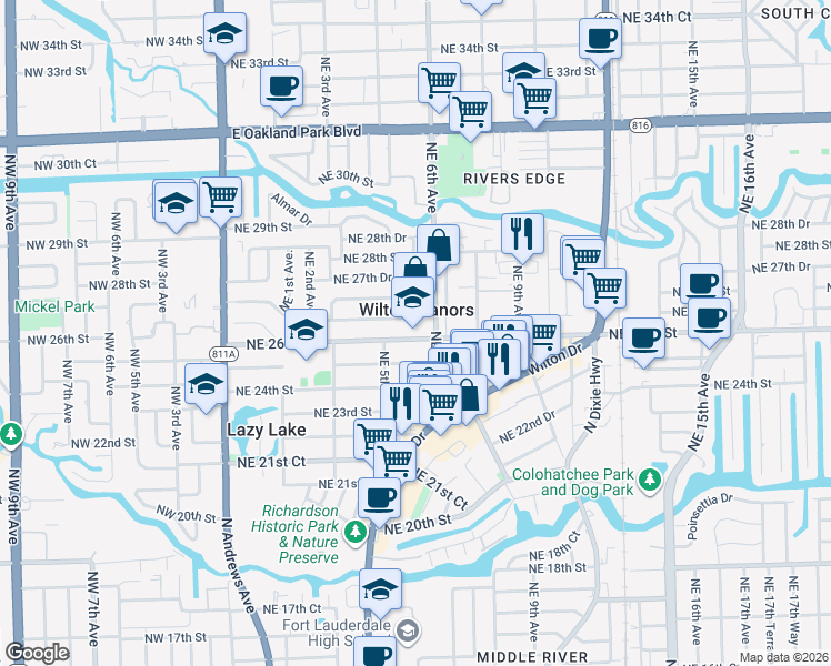 map of restaurants, bars, coffee shops, grocery stores, and more near 519 Northeast 26th Street in Wilton Manors