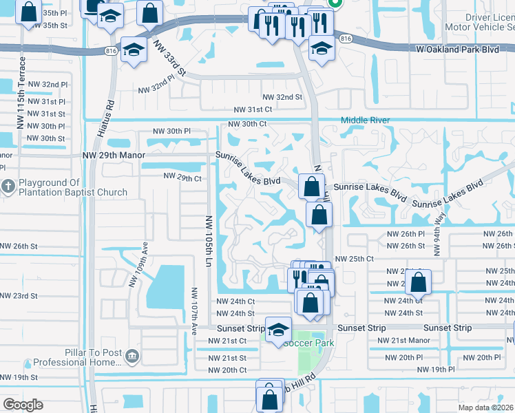 map of restaurants, bars, coffee shops, grocery stores, and more near 2726 Northwest 104th Avenue in Sunrise