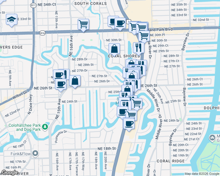 map of restaurants, bars, coffee shops, grocery stores, and more near 1933 Northeast 26th Street in Wilton Manors