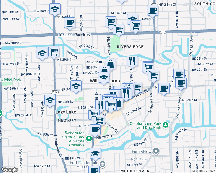 map of restaurants, bars, coffee shops, grocery stores, and more near in Wilton Manors