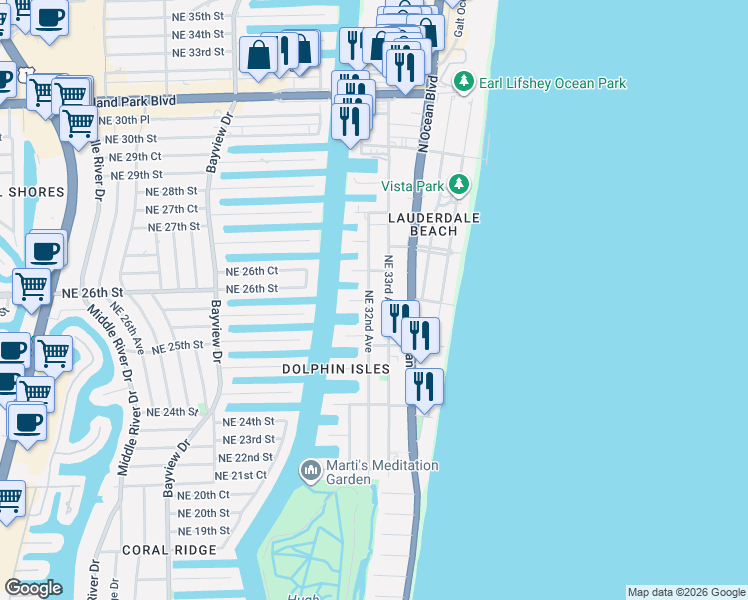 map of restaurants, bars, coffee shops, grocery stores, and more near 2507 Northeast 32nd Avenue in Fort Lauderdale