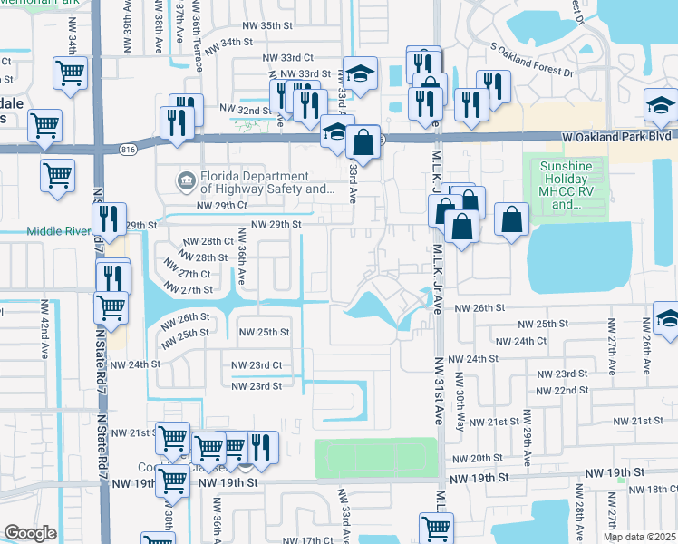 map of restaurants, bars, coffee shops, grocery stores, and more near 2851 Somerset Drive in Lauderdale Lakes
