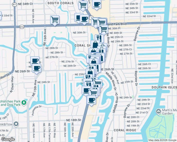 map of restaurants, bars, coffee shops, grocery stores, and more near 15 Northeast 26th Street in Wilton Manors