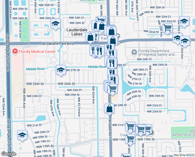 map of restaurants, bars, coffee shops, grocery stores, and more near 4161 Northwest 26th Street in Lauderhill