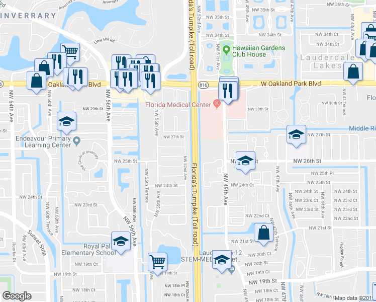 map of restaurants, bars, coffee shops, grocery stores, and more near 2606 Northwest 52nd Avenue in Lauderhill