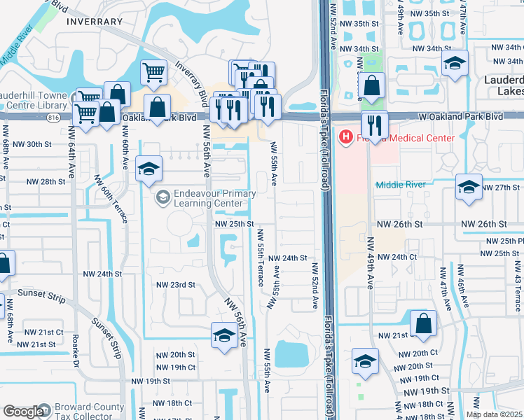 map of restaurants, bars, coffee shops, grocery stores, and more near 2599 Northwest 55th Avenue in Lauderhill
