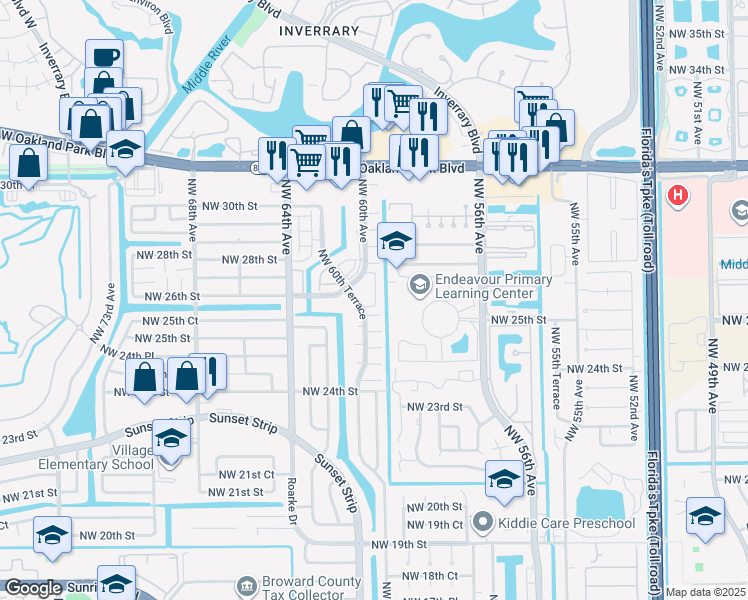 map of restaurants, bars, coffee shops, grocery stores, and more near 2651 Northwest 60th Way in Sunrise