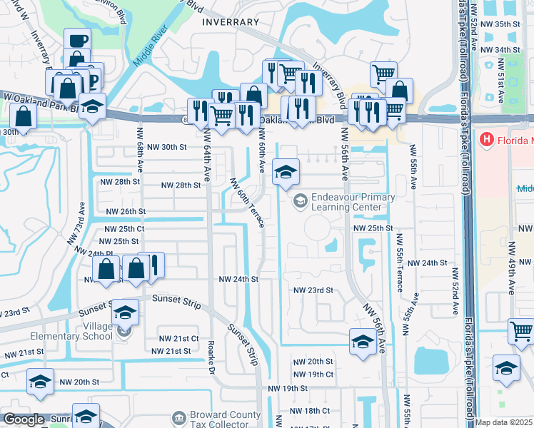map of restaurants, bars, coffee shops, grocery stores, and more near 2651 Northwest 60th Way in Sunrise