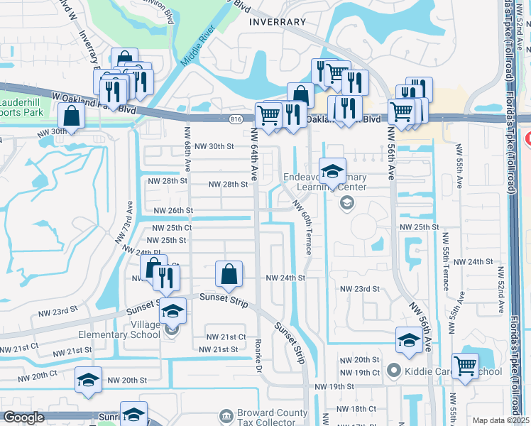 map of restaurants, bars, coffee shops, grocery stores, and more near 2650 Northwest 64th Avenue in Sunrise