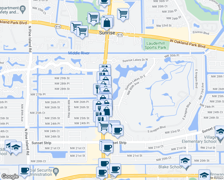 map of restaurants, bars, coffee shops, grocery stores, and more near 2750 Sunrise Lakes Drive West in Sunrise