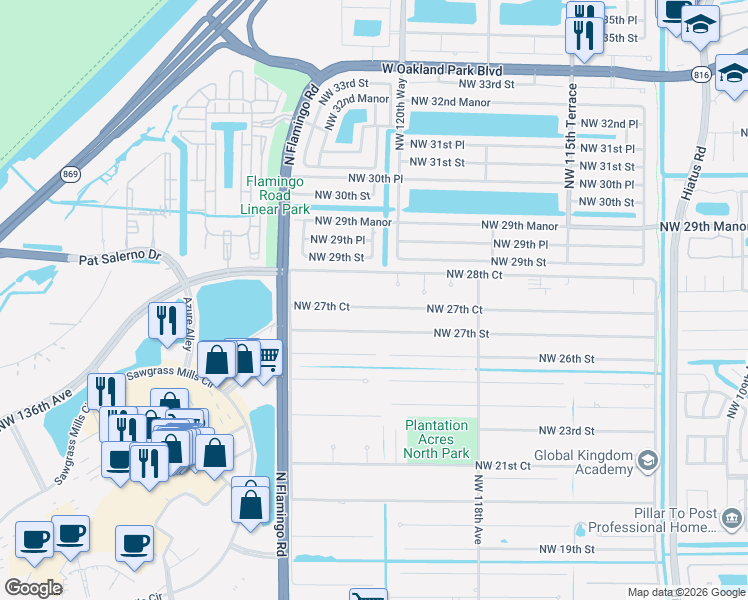 map of restaurants, bars, coffee shops, grocery stores, and more near 2801 Northwest 121st Avenue in Sunrise