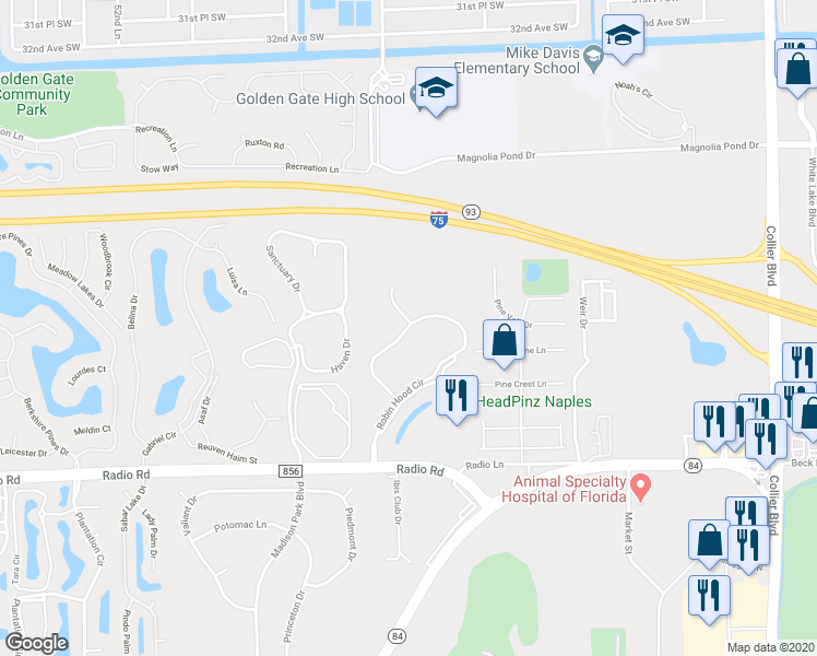 map of restaurants, bars, coffee shops, grocery stores, and more near 399 Robin Hood Circle in Naples