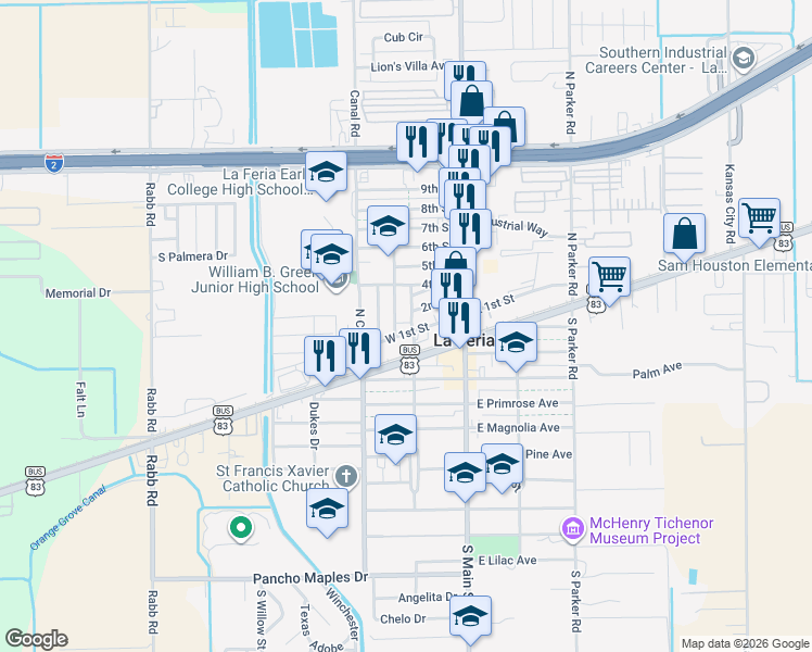 map of restaurants, bars, coffee shops, grocery stores, and more near 311 N Villarreal St in La Feria