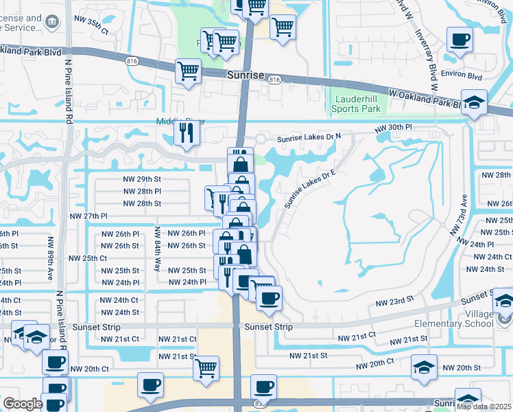 map of restaurants, bars, coffee shops, grocery stores, and more near 2750 Sunrise Lakes Drive West in Sunrise