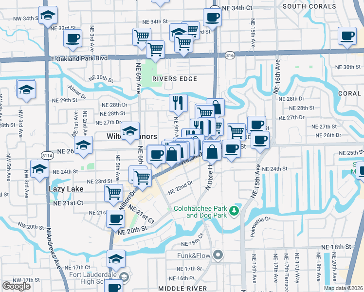 map of restaurants, bars, coffee shops, grocery stores, and more near 2617 Northeast 9th Terrace in Wilton Manors