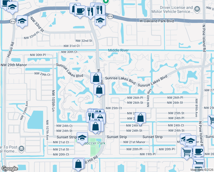 map of restaurants, bars, coffee shops, grocery stores, and more near 9850 Sunrise Lakes Boulevard in Fort Lauderdale
