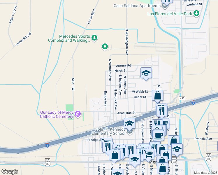 map of restaurants, bars, coffee shops, grocery stores, and more near 903 Tangerine Avenue in Mercedes