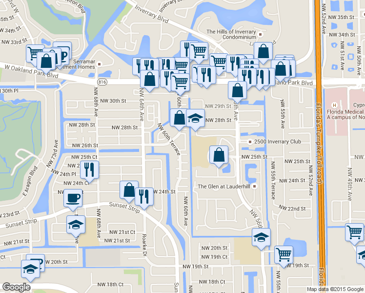 map of restaurants, bars, coffee shops, grocery stores, and more near 2651 Northwest 60th Way in Sunrise