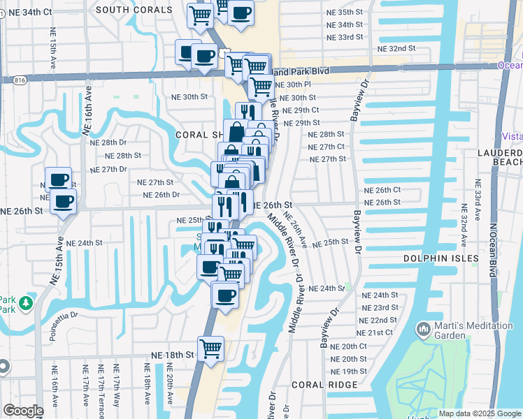 map of restaurants, bars, coffee shops, grocery stores, and more near 2412 Northeast 26th Street in Fort Lauderdale