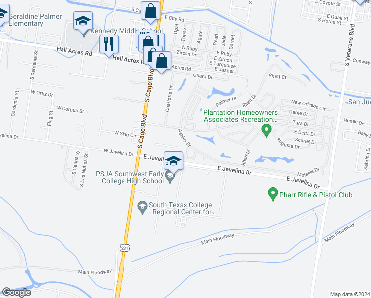map of restaurants, bars, coffee shops, grocery stores, and more near 3012 Ashley Place in Pharr