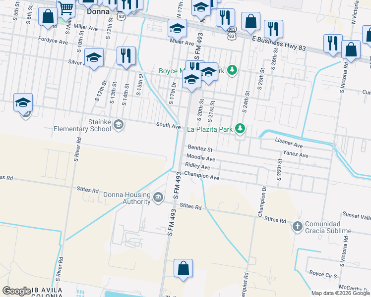 map of restaurants, bars, coffee shops, grocery stores, and more near 722 South Salinas Boulevard in Donna