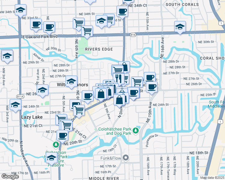 map of restaurants, bars, coffee shops, grocery stores, and more near 1015 Northeast 26th Street in Wilton Manors