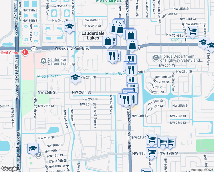 map of restaurants, bars, coffee shops, grocery stores, and more near 2650 Northwest 42nd Terrace in Lauderhill