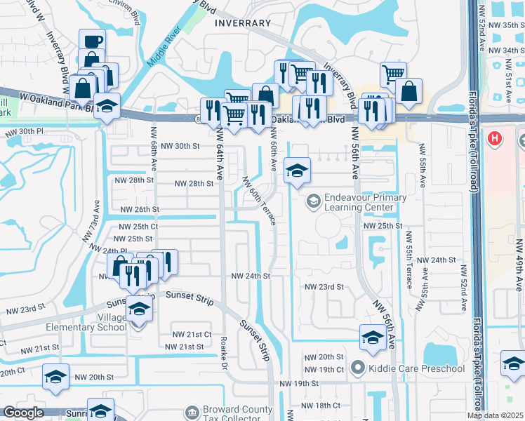 map of restaurants, bars, coffee shops, grocery stores, and more near 6220 Northwest 26th Court in Sunrise
