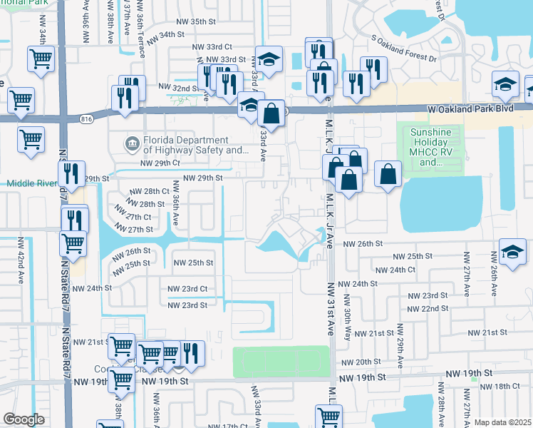 map of restaurants, bars, coffee shops, grocery stores, and more near 2851 Somerset Drive in Lauderdale Lakes