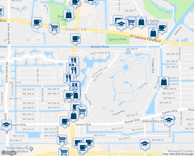 map of restaurants, bars, coffee shops, grocery stores, and more near 2804 Northwest 80th Avenue in Sunrise