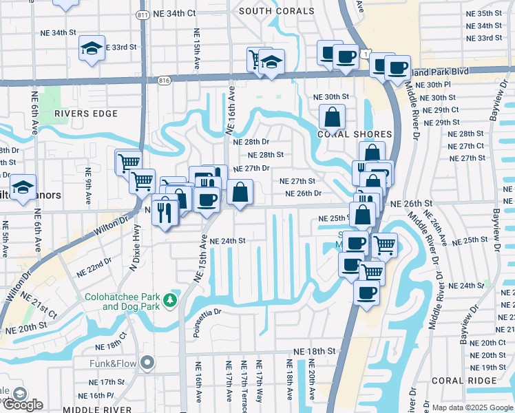 map of restaurants, bars, coffee shops, grocery stores, and more near 1749 Northeast 26th Street in Wilton Manors