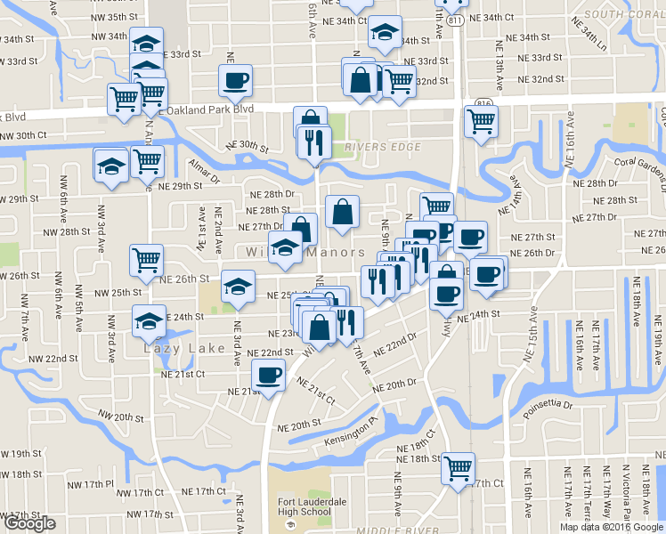 map of restaurants, bars, coffee shops, grocery stores, and more near 2607 Northeast 8th Avenue in Fort Lauderdale