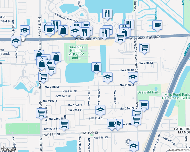 map of restaurants, bars, coffee shops, grocery stores, and more near 2711 Northwest 26th Avenue in Oakland Park