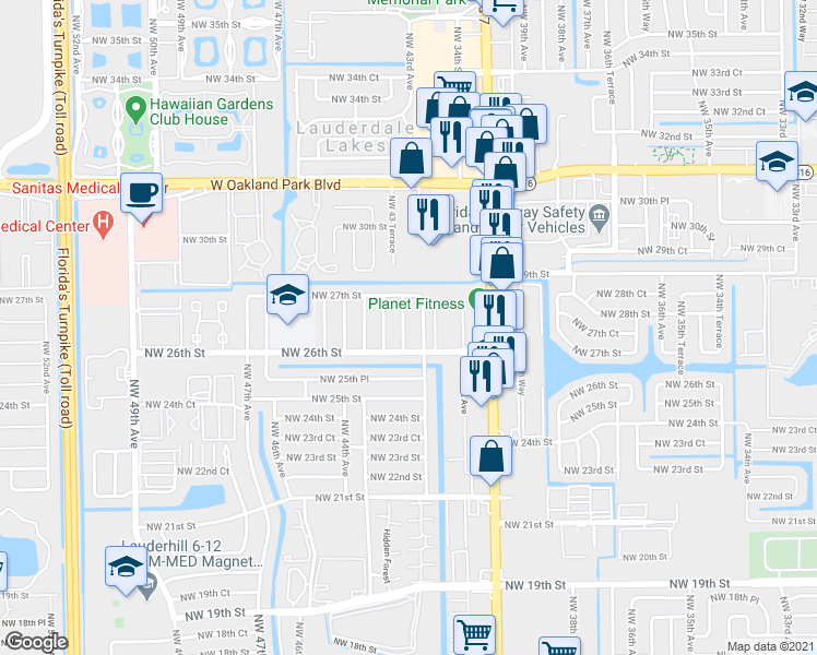 map of restaurants, bars, coffee shops, grocery stores, and more near 2650 Northwest 42nd Terrace in Lauderhill