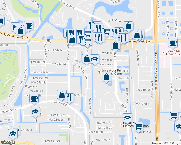 map of restaurants, bars, coffee shops, grocery stores, and more near 2651 Northwest 60th Way in Sunrise