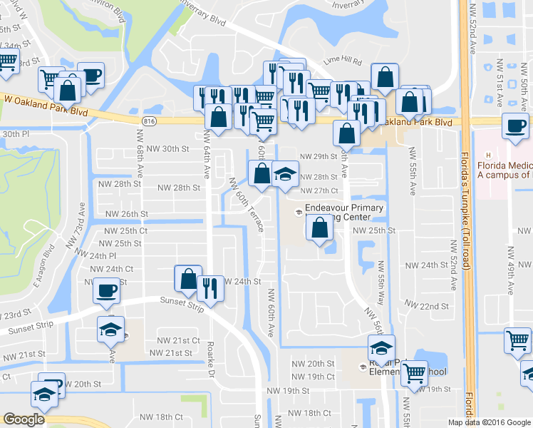 map of restaurants, bars, coffee shops, grocery stores, and more near 2651 Northwest 60th Way in Sunrise