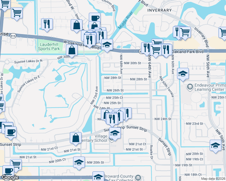 map of restaurants, bars, coffee shops, grocery stores, and more near 6860 Northwest 26th Court in Sunrise