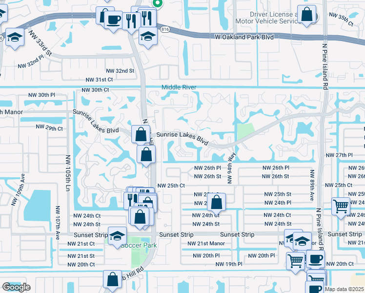 map of restaurants, bars, coffee shops, grocery stores, and more near 140 Sunrise Lakes Boulevard in Sunrise