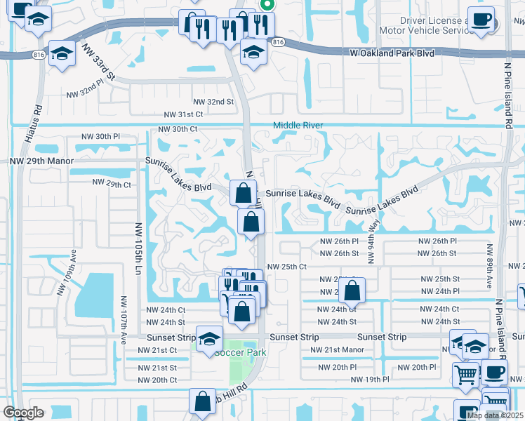 map of restaurants, bars, coffee shops, grocery stores, and more near 2801 North Nob Hill Road in Sunrise