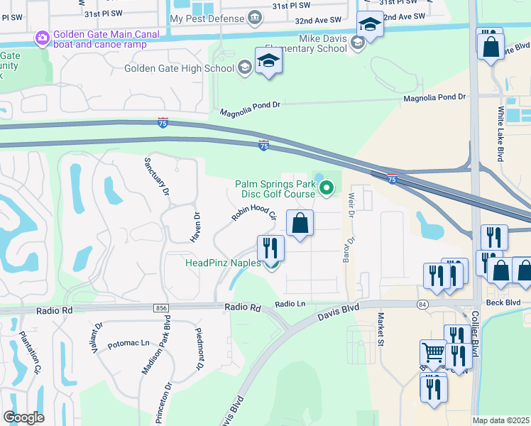 map of restaurants, bars, coffee shops, grocery stores, and more near 357 Robin Hood Circle in Naples