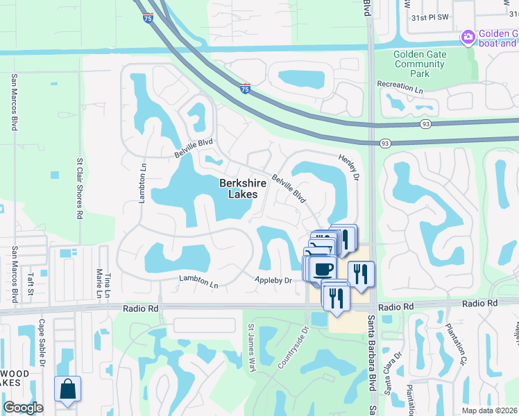 map of restaurants, bars, coffee shops, grocery stores, and more near 517 Mardel Drive in Naples