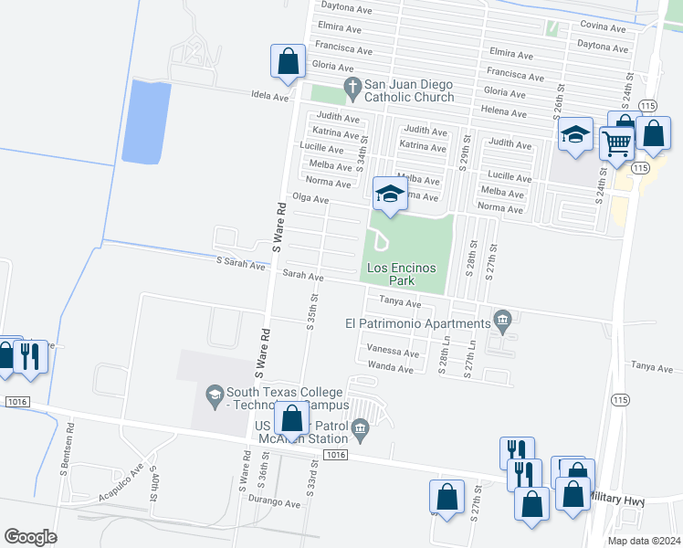 map of restaurants, bars, coffee shops, grocery stores, and more near 3321 Rosalva Avenue in McAllen