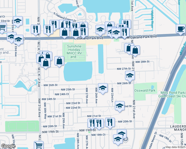 map of restaurants, bars, coffee shops, grocery stores, and more near 2711 Northwest 26th Avenue in Oakland Park