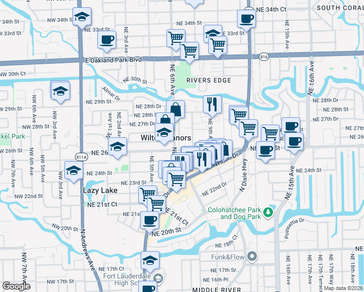 map of restaurants, bars, coffee shops, grocery stores, and more near 2607 Northeast 8th Avenue in Fort Lauderdale