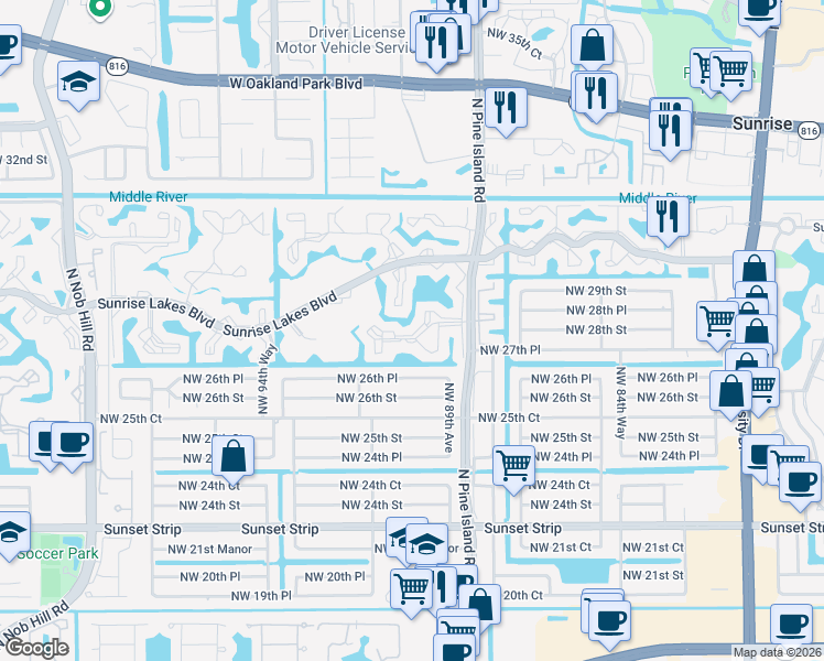 map of restaurants, bars, coffee shops, grocery stores, and more near 2791 North Pine Island Road in Sunrise