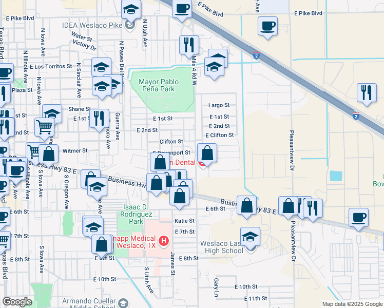 map of restaurants, bars, coffee shops, grocery stores, and more near 1601 Davenport Street in Weslaco