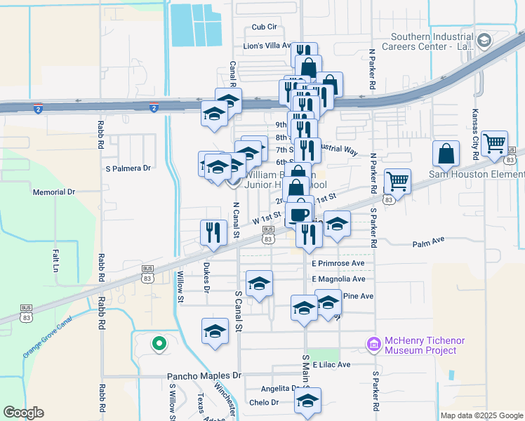 map of restaurants, bars, coffee shops, grocery stores, and more near 505 Villarreal Street in La Feria
