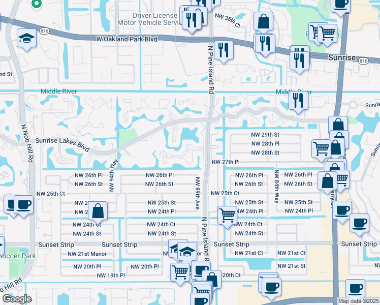 map of restaurants, bars, coffee shops, grocery stores, and more near 2725 North Pine Island Road in Sunrise